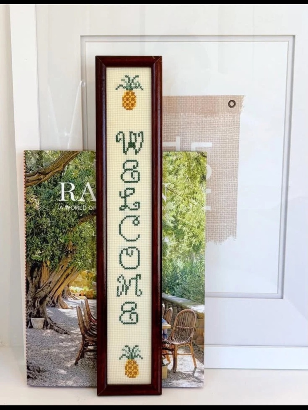Vintage Pineapple Cross Stitch Needlepoint Framed "Welcome" Sign